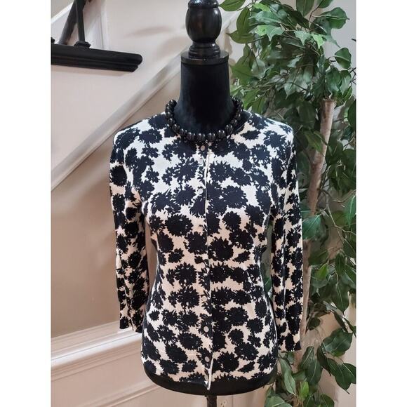 J.Crew Women Black White Floral Cotton Round Neck Long Sleeve Cardigan Sweater M - Picture 11 of 11